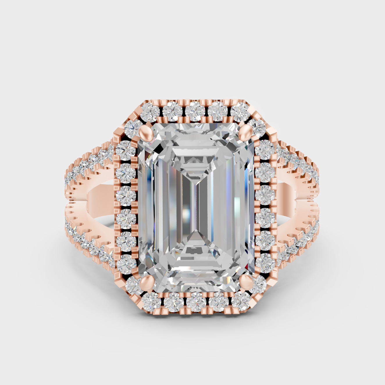 Contemporary Emerald Lab Diamond Halo Ring In Rose Gold